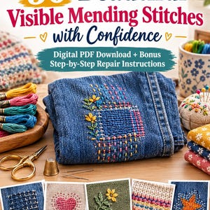 Op de afbeelding: Een digitale gids getiteld Master 50 Beautiful Visible Mending Stitches with Confidence, met gevouwen spijkerstof voorzien van kleurrijke bloemen- en rasterborduurpatronen, naaigerei en vijf kleine vierkante afbeeldingen met hersteltechnieken.