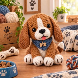 Può includere: Un cucciolo di beagle all'uncinetto marrone e bianco con occhi in plastica nera, lingua rosa e una bandana blu con un'etichetta a forma di osso. Il cucciolo ha orecchie pendenti, zampe bianche e una piccola coda, seduto su una superficie.