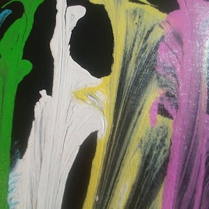 May include: Abstract painting with vertical stripes of orange, blue, green, white, yellow, black, and pink paint.