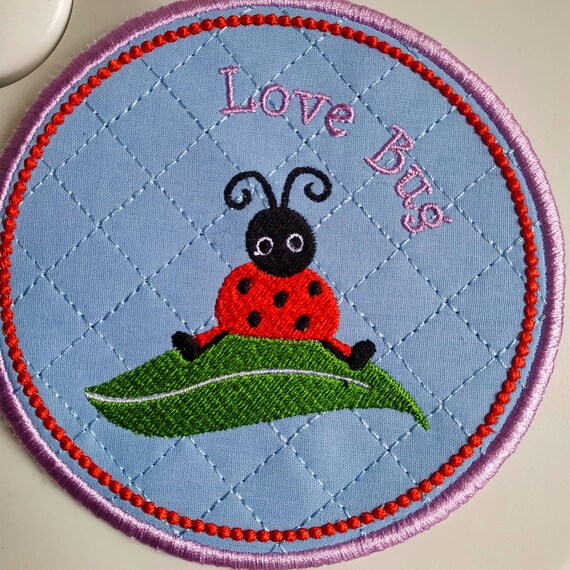 Lovebug ith machine embroidery coaster with the tutorial __ Instant download file