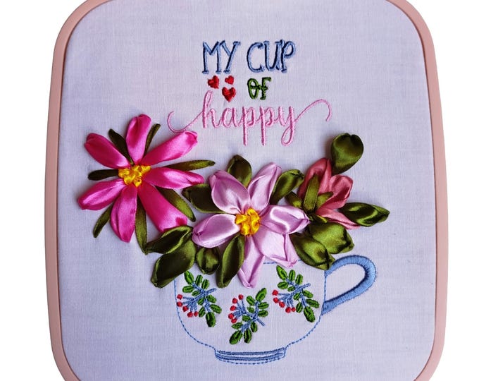 My cup of happy Machine pattern and ribbon embroidery TUTORIAL - Instant download file