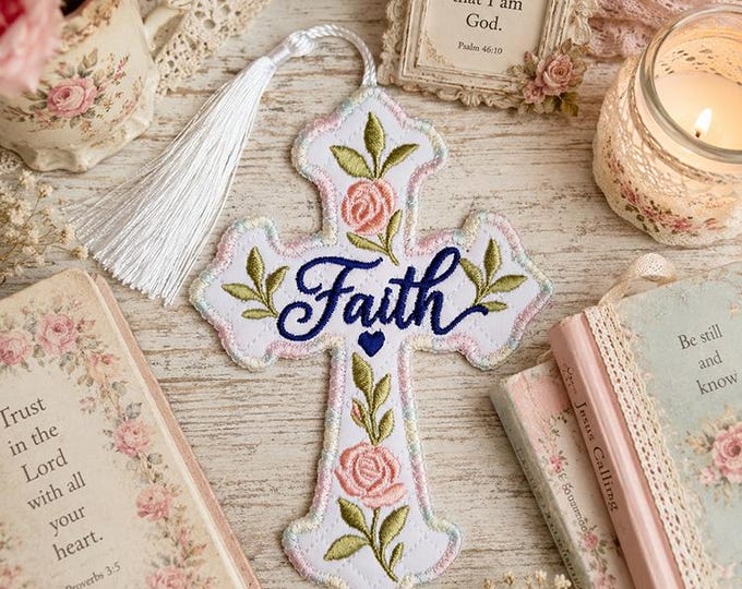 ITH Faith cross bookmark with roses Machine embroidery design - Instant download file