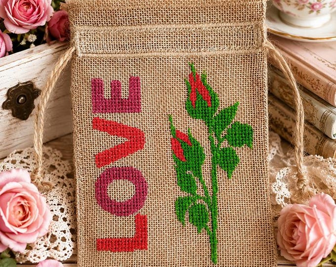 ITH Burlap drawstring bag with rose Machine embroidery design - Instant download file