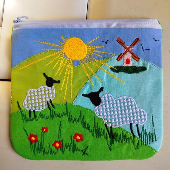 ITH Serene sheep field purse Machine embroidery design - Instant download file