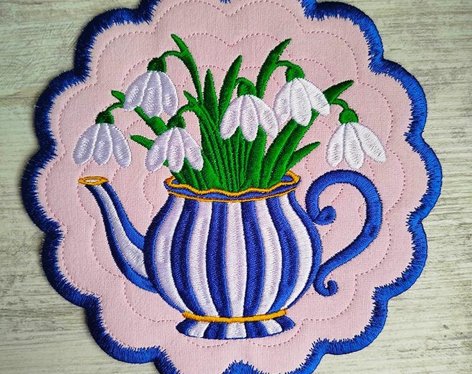 ITH Snowdrops in checkered teapot coaster Machine embroidery design - Instant download file