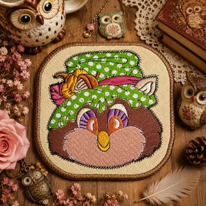 May include: A square fabric coaster with rounded corners featuring an embroidered owl wearing a green polka-dot hat with a yellow pumpkin accent. The owl has brown feathers, purple eyelids, and a yellow beak, set against a cream quilted background.