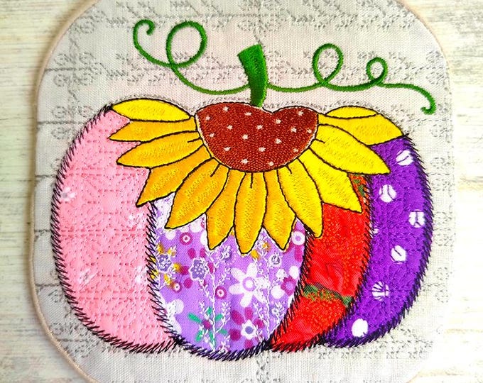 ITH Pumpkin with sunflower coaster Machine embroidery design - Instant download file