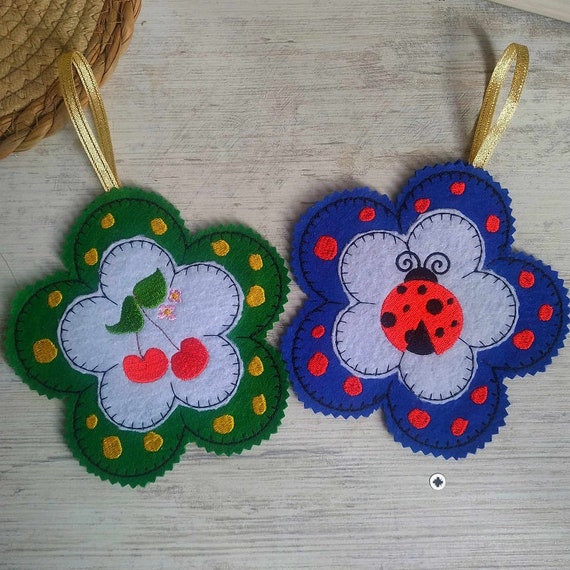 ITH Cherry and ladybug felt ornaments Machine embroidery design - Instant download files