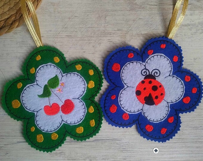 ITH Cherry and ladybug felt ornaments Machine embroidery design - Instant download files