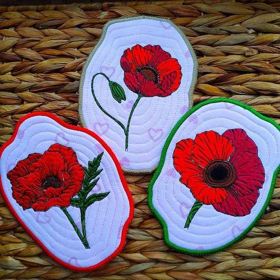 ITH Poppy coasters Machine embroidery designs - Instant download files