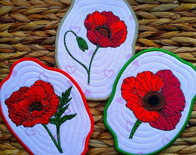 ITH Poppy coasters Machine embroidery designs - Instant download files