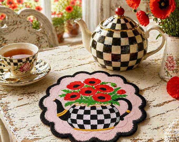 ITH Checkered teapot with poppies coaster Machine embroidery design - Instant download file