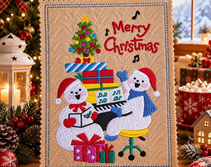 ITH Merry Christmas Musical snowmen card Machine embroidery design - Instant download file
