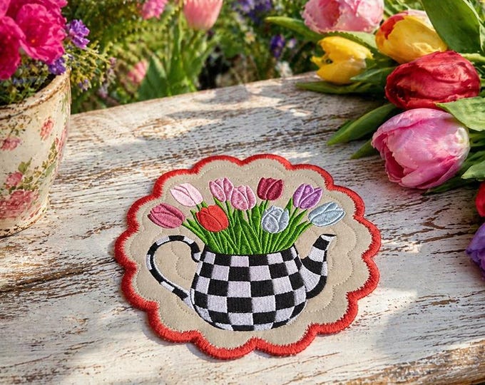 ITH Tulips in checkered vessel coaster Machine embroidery design - Instant download file