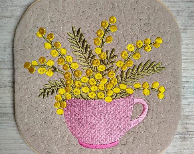 ITH Mimosa in cup coaster Machine embroidery design - Instant download file