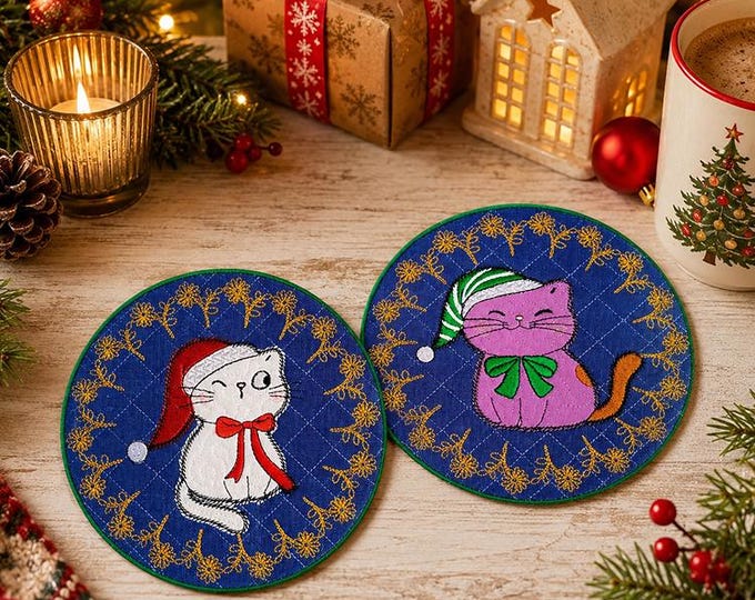 ITH Christmas kitty coasters Machine embroidery designs - Instant download file