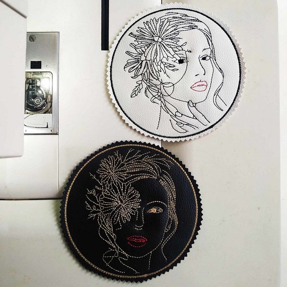 ITH floral lady  coasters for leather or faux leather - Machine embroidery design - Instant download files