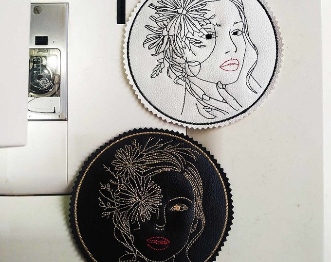 ITH floral lady  coasters for leather or faux leather - Machine embroidery design - Instant download files