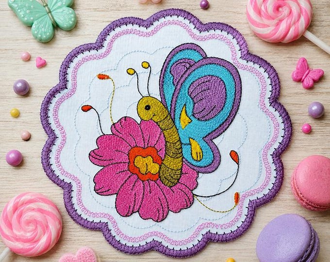 ITH Sweet butterfly coaster Machine embroidery design - Instant download file