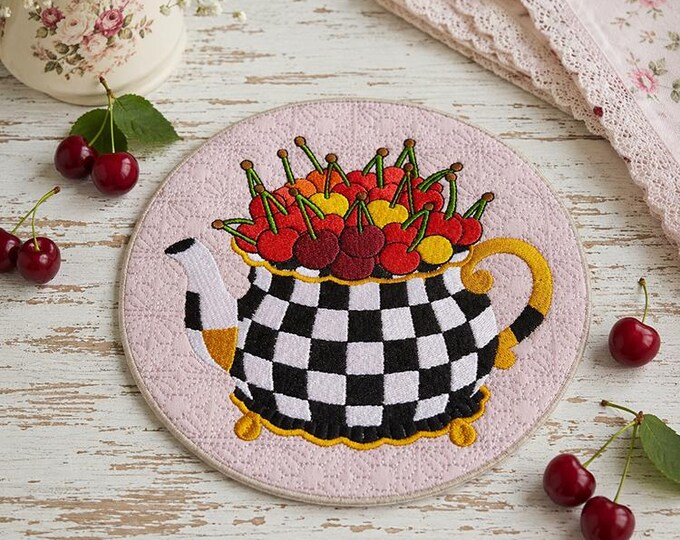 ITH Cherries in teapot coaster Machine embroidery design - Instant download file