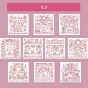 Puede incluir: Una colección de nueve ilustraciones rojas y blancas de chimeneas navideñas, cada una con decoraciones únicas como calcetines, coronas y regalos. La parte superior de la imagen tiene el texto "8x8" en un rectángulo rosa.