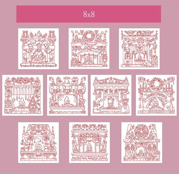Christmas fireplaces redwork blocks Machine embroidery designs - Instant download file