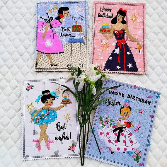 ITH Birthday and best wishes Vintage cards set Machine embroidery designs - Instant download file