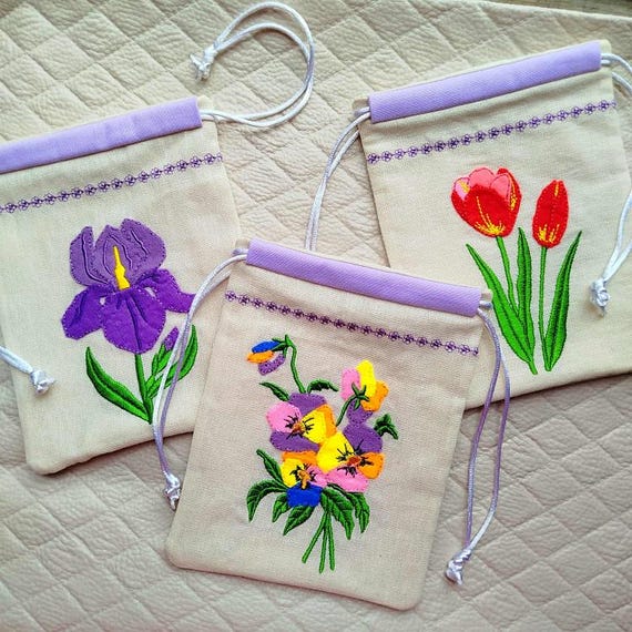 ITH Floral applique drawstring bags - Machine embroidery designs - Instant download files