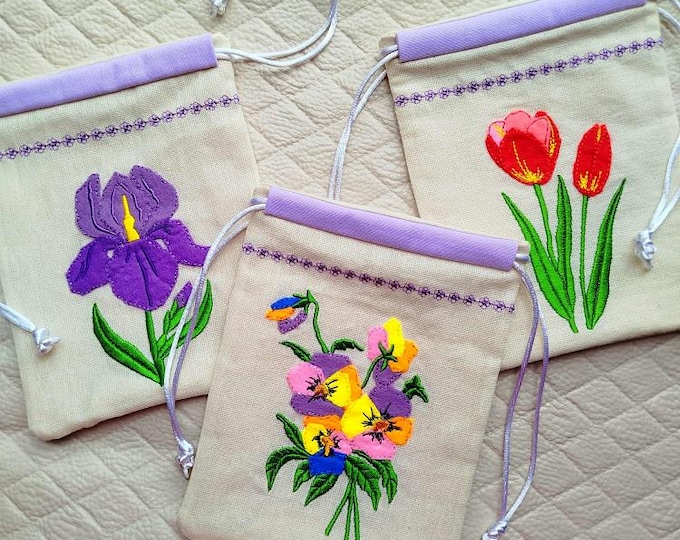 ITH Floral applique drawstring bags - Machine embroidery designs - Instant download files