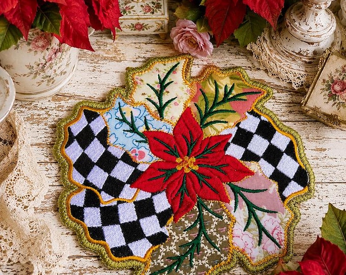 ITH Poinsettia checkered coaster Machine embroidery design - Instant download file