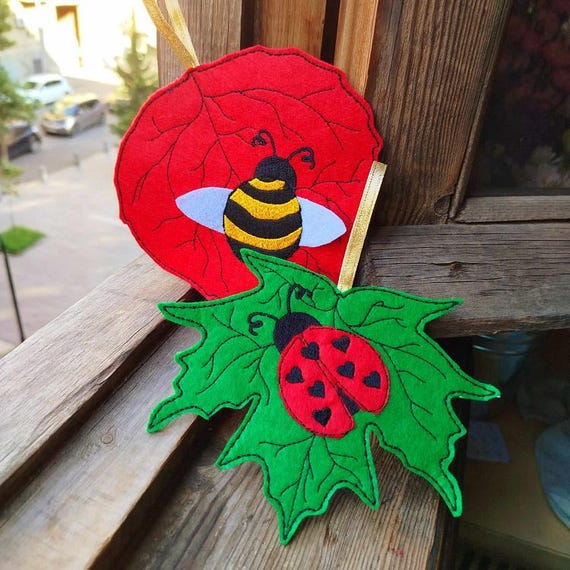 ITH Bee and Ladybug Leaves felt ornaments - Machine embroidery designs - Instant download files