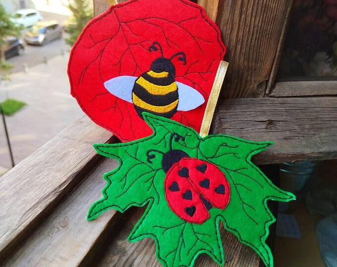 ITH Bee and Ladybug Leaves felt ornaments - Machine embroidery designs - Instant download files