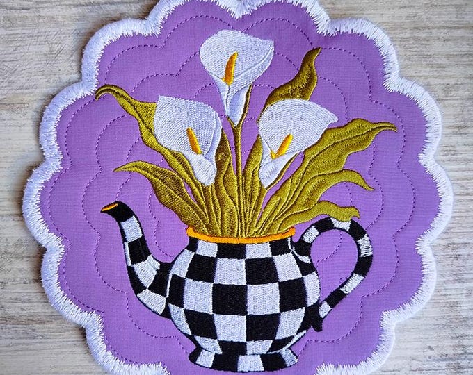 ITH Calla lilies in the checkered teapot coaster Machine embroidery design - Instant download file