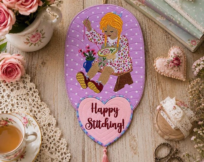 ITH Happy stitching Sweet girl wall hanger Machine embroidery design - No SEW format - Instant download file