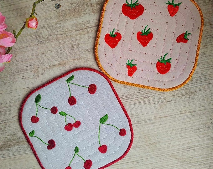 ITH cherry and strawberry coasters  Machine embroidery designs - Instant download files