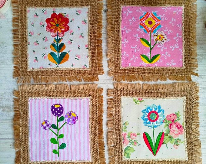 ITH Burlap fabric combined floral coasters Machine embroidery designs - Instant download file
