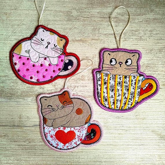 ITH Cute cats in cups Machine embroidery designs - Instant download file