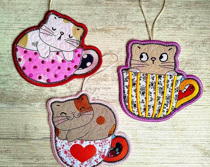 ITH Cute cats in cups Machine embroidery designs - Instant download file