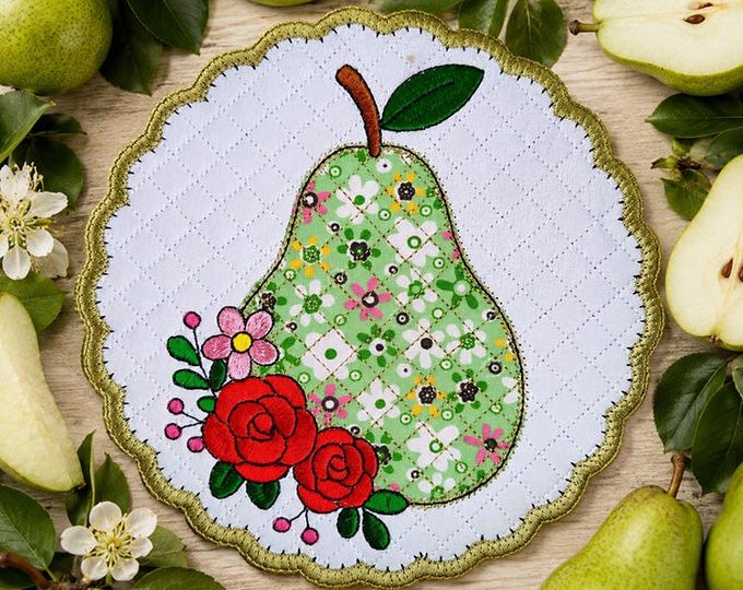 ITH Pear applique coaster Machine embroidery design - Instant download file