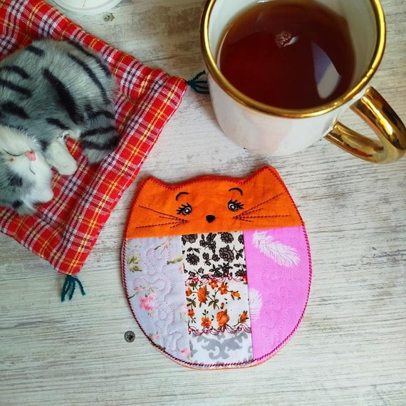 ITH Patchwork kitty coaster Machine embroidery design - Instant download file