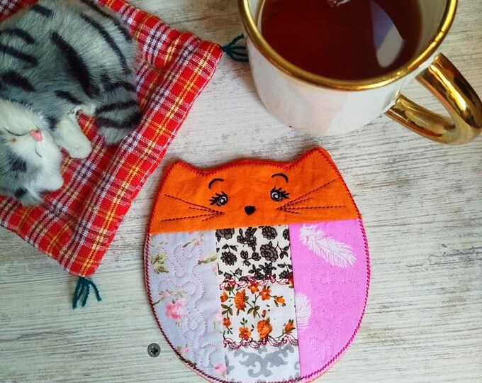ITH Patchwork kitty coaster Machine embroidery design - Instant download file