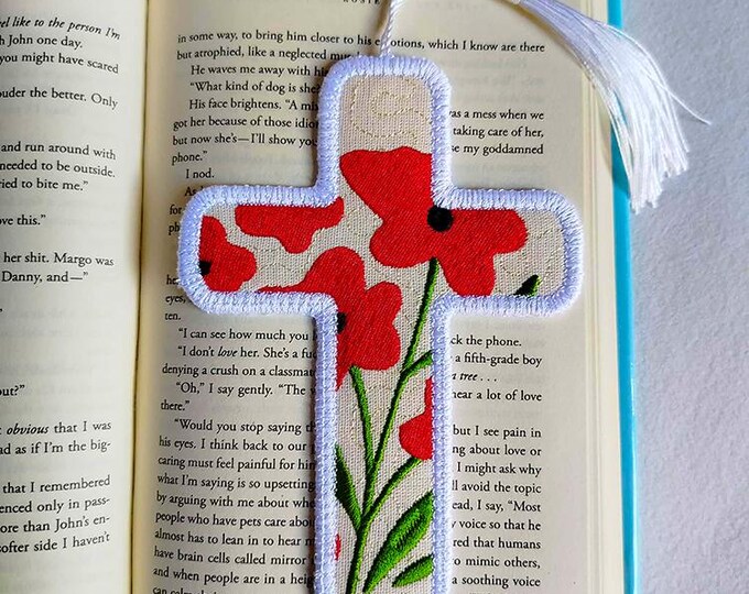 ITH Florals in red Cross bookmark Machine embroidery design - Instant download file