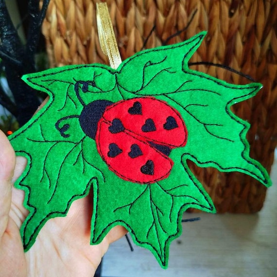 ITH Ladybug leaf felt ornament Machine embroidery design - Instant download file