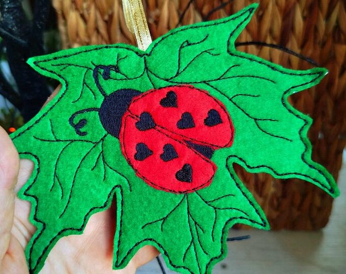 ITH Ladybug leaf felt ornament Machine embroidery design - Instant download file