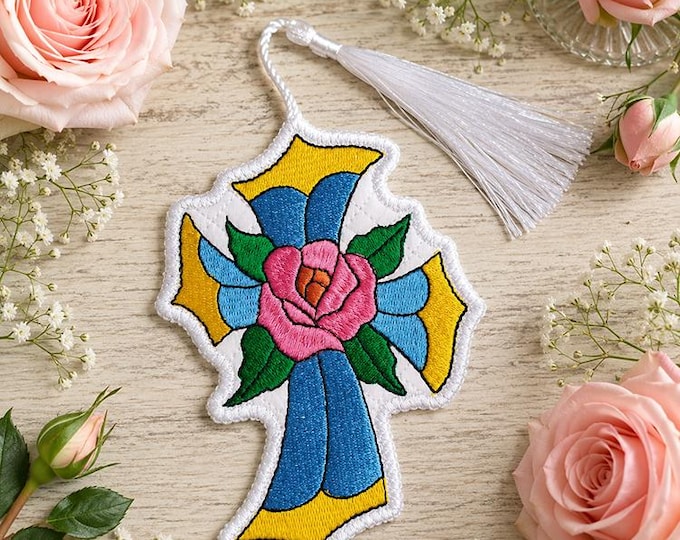 ITH Rose cross bookmark Machine embroidery design - Instant download file