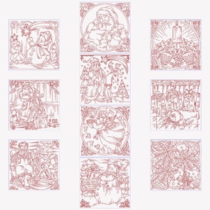 May include: Nine festive Christmas illustrations in reddish-brown. The images feature Santa Claus, angels, snowmen, and seasonal decorations. Each image is framed with decorative borders, creating a cohesive holiday theme.