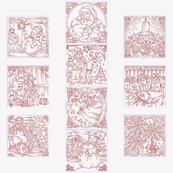 Vintage Christmas redwork 8X8 Machine embroidery design - Instant download files
