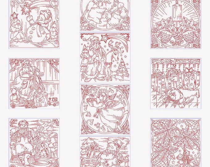 Vintage Christmas redwork 8X8 Machine embroidery design - Instant download files