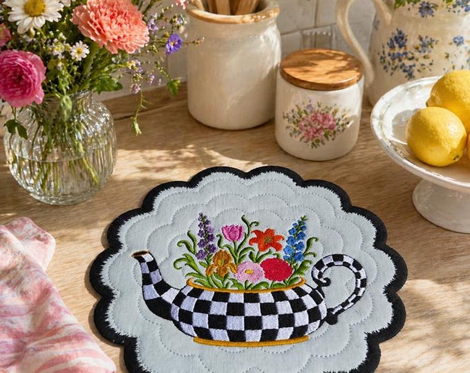 ITH florals in checkered teapot coaster Machine embroidery design - Instant download file