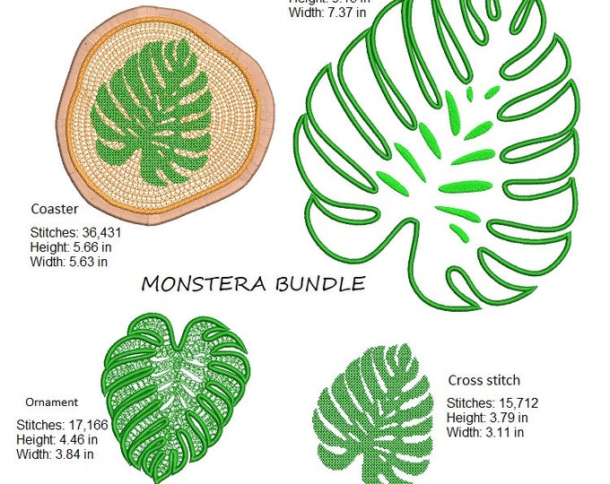 Monstera bundle machine embroidery design - Instant download files